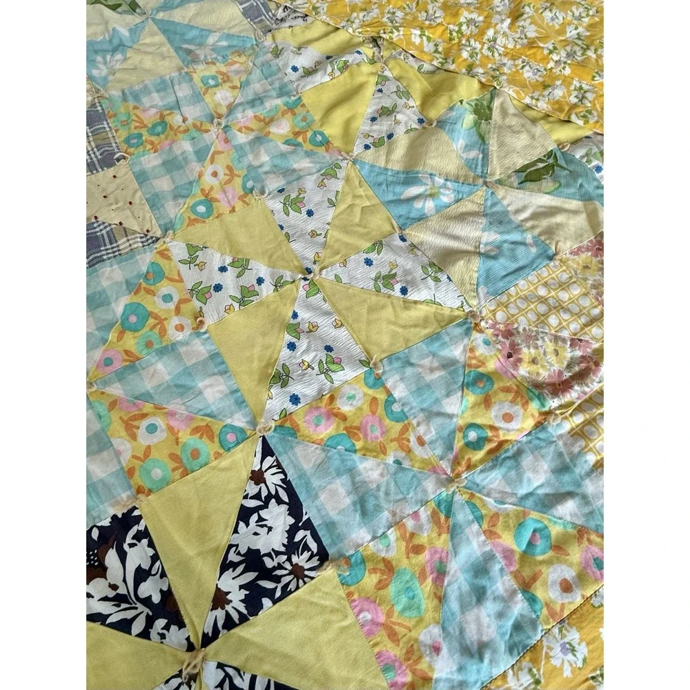 Vintage Handmade Pinwheel Patchwork Quilt Floral Cottagecore Boho Yellow